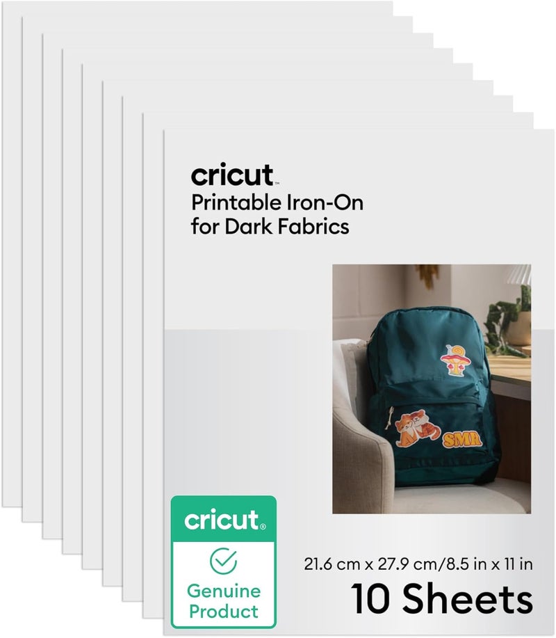 Cricut ورق طباعة قابل للكي للأقمشة الداكنة، 10 ورقات (8.5" × 11") - طباعة HTV متوافقة مع طابعات الحبر النفاث - Image 1